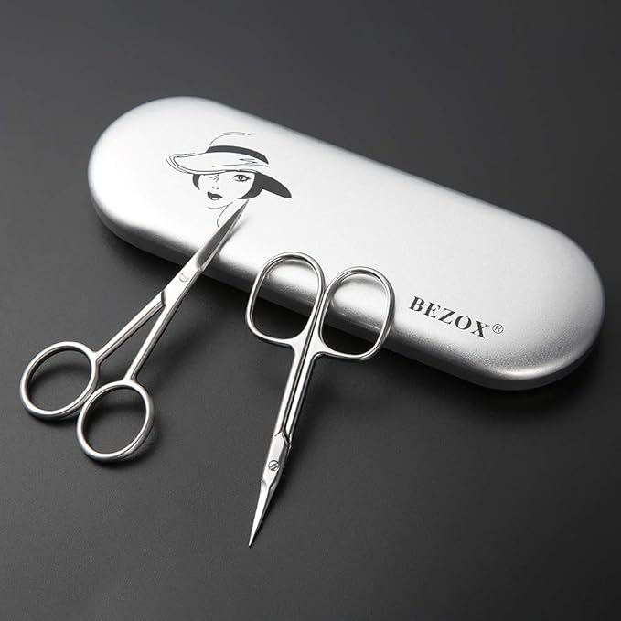 BEZOX Small Scissors 2 PCS Set - Nail Cuticle Scissors/Manicure Scissors Kit - Straight and Curved Blade Beauty Scissor for Beard/Mustache, Nose Hair, Ear Hair, Eyelashes and Eyebrow Trimming
