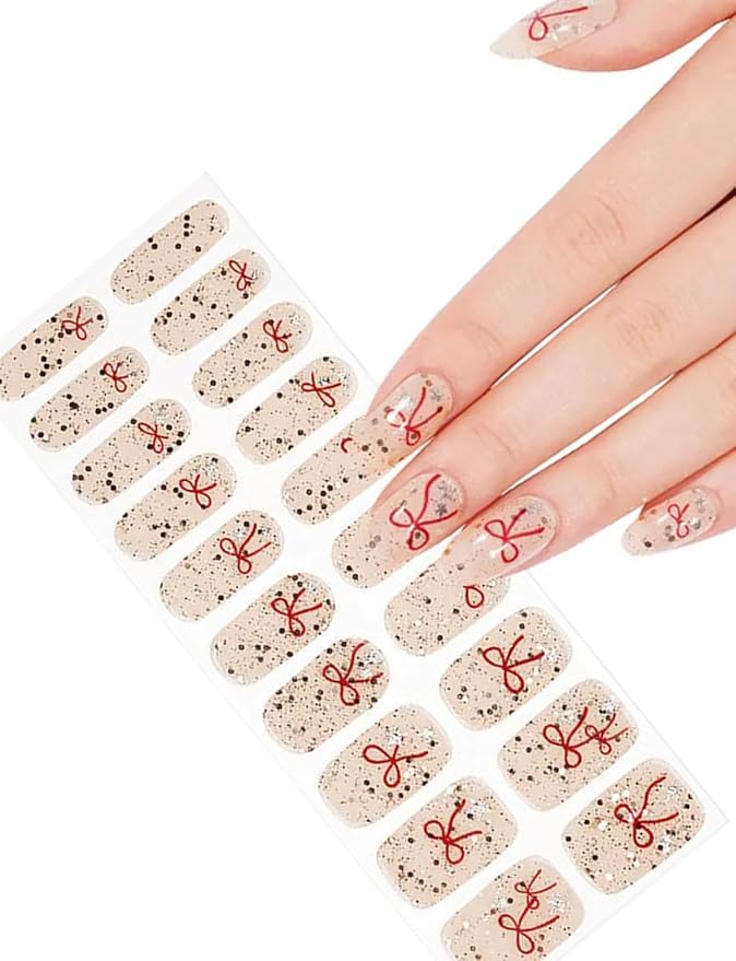 Semi Cured Gel Nail Strips, Bowknot, Glitter, Easy to Use and Remove, 20pcs Gel Nails Sticker for Home Nails DIY