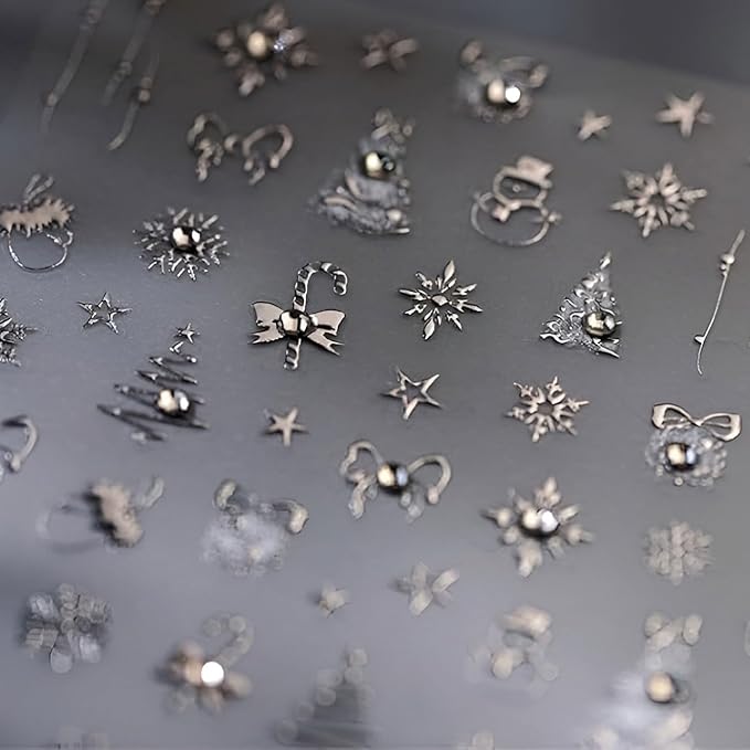 Christmas Nail Art Stickers Silvery Nail Stickers Snowflake Xmas Tree Nail Decals Star Elk with Rhinestones Design 5D Embossed Nail Art Supplies for Winter Holiday Manicure Decorations