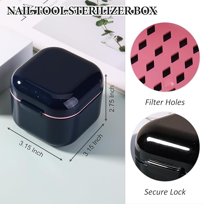 1Pc Plastic Nail Tool Sterilizer Box Nail Drill Bits Cleaning Box Polishing Tools Soaking Tray Manicure Pedicure Storage Container Case - Black