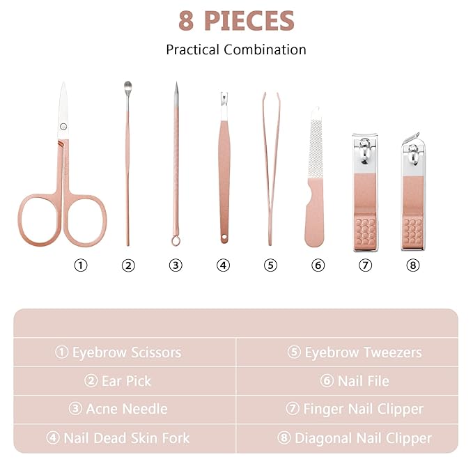 Geosar 12 Sets Manicure Set Nail Clippers Pedicure Kit 8 in 1 Grooming Stainless Steel Kits Nail Care Tools with Travel Case Xmas Gifts Christmas Stocking Stuffers for Men Women(Rose Gold)