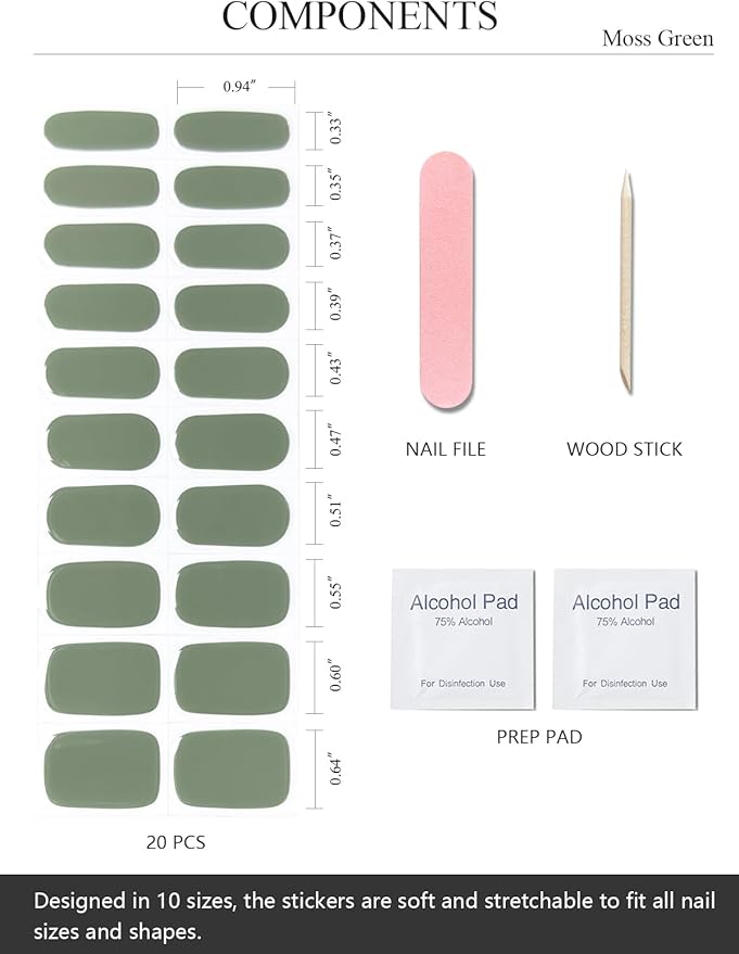 Semi Cured Gel Nail Strips (Moss Green), 20 Pcs Gel Nail Wraps, Stickers, Salon Quality, Long Lasting, Works with Any Lamps