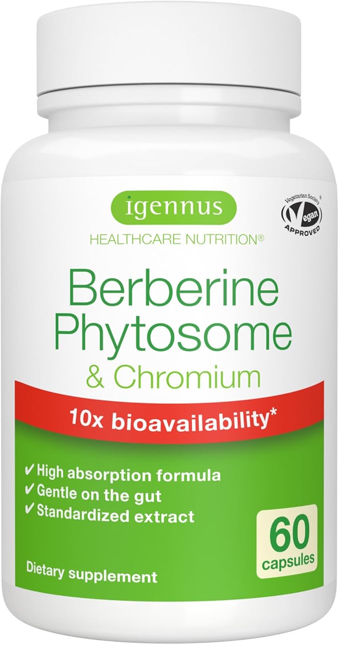 Igennus Dual Action Berberine Phytosome 550mg & Chromium Picolinate, 10x Absorption, Blood Glucose Control, Standardized Berberis Extract Supplement, Clean Label, Vegan, 60 Capsules