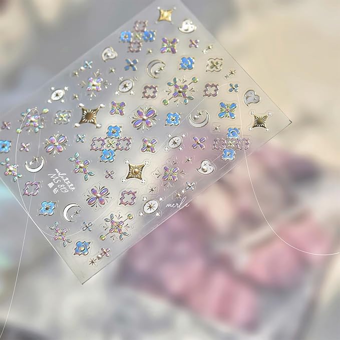 1 Sheets Bohemian Nail Art Stickers Decals 5D Embossed Holographic Glitter Moon Heart Nail Decals with Pearl Bohemian Design Flower Nail Stickers Moon Star Stickers for Nails Supplies Decoration