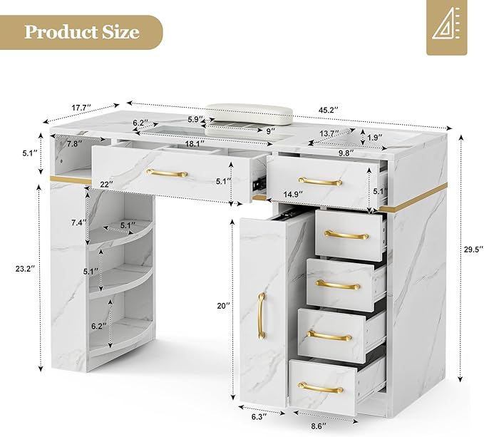 Paddie Manicure Table with Dust Collector, Glass Top Nail Tech Table Nail Desk Station w/7 Storage Drawers & 3-Tiers Open Shelves, Nail Workstation w/Wrist Cushion & Golden Handles((White Marble)