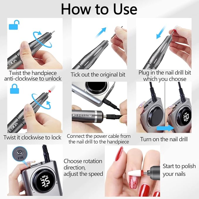 YOKE FELLOW Rechargeable Nail Drill - 35000 RPM Nail Machine with 12 Bits for Manicure Pedicure Salon Home Use