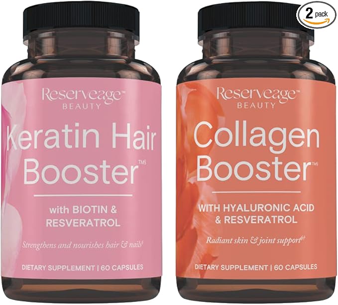 Reserveage Ultra Collagen Booster & Keratin Hair Booster - Features Dermaval, Biotin & Resveratrol - Support Hair & Skin - 60 Ultra Collagen Capsules, 60 Keratin Capsules