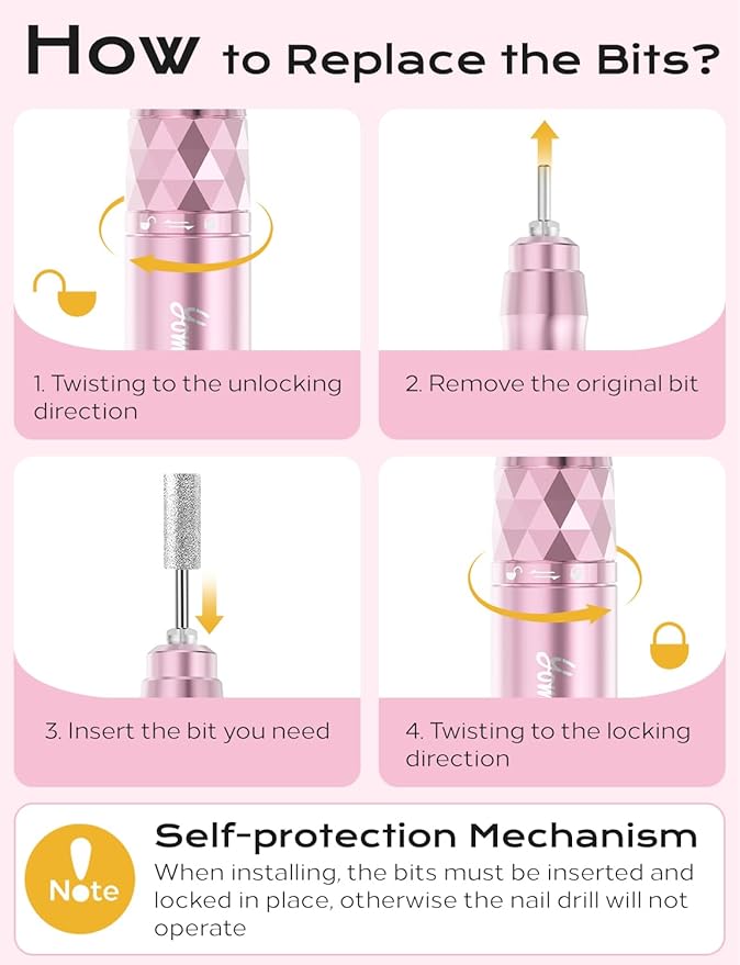 Electric Nail Drill Professional Kit: 45,000 RPM USB Rechargeable Efile Nail Drill Nail File with 12 Bits for Polishing Gel/Acrylic Nails- Portable Manicure Tool Set for Salon/Home-Rose Gold
