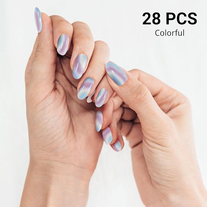 Semi Cured Gel Nail Strips, Colorful | 28 pcs Gel Nail Strips Work with Any UV Lamp, Salon Quality UV Nails Stickers, Easy to Apply for Home Nails DIY