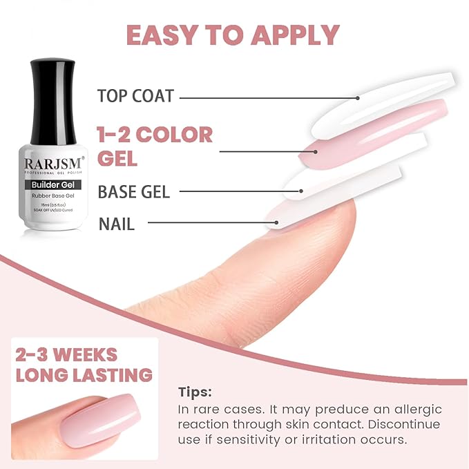 RARJSM Light Pink Rubber Base Gel Nail Polish Nude Skin Tone Rubber Base for Nails Natural Nude Color French Manicure Brush on Builder Extend Gel Soak Off Curing Requires 15ml Salon Home DIY Use