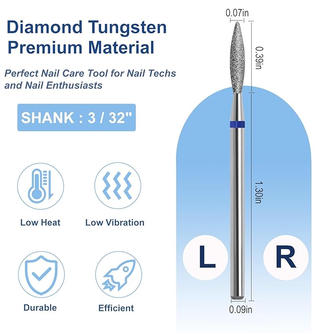 Cuticle Clean Nail Drill Bit, 3/32" Russian Diamond Nail File bits, Safety Carbide Under Nail Cleaner for Cuticle Dead Skin Nail Prepare, Nail Salon Manicure, Flame Shape (Medium)