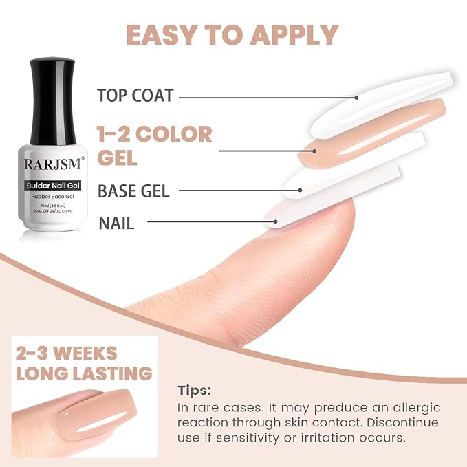 RARJSM Rubber Base Coat Gel Polish Nude Eggshell Pink Skin Tone Rubberbase Gelpolish for Nails Natural Color French Manicure Extend Soak Off Curing Requires Single Bottle 15ml Salon Home DIY Use