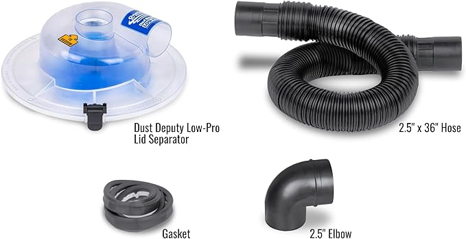 Dust Deputy Low-Pro Plus Cyclone Dust Separator – Engineered High Flow Wet/Dry Vacuum Kit – Fits Standard 5 Gallon Buckets – 2.5" Adapter & 3' Hose – Made in USA