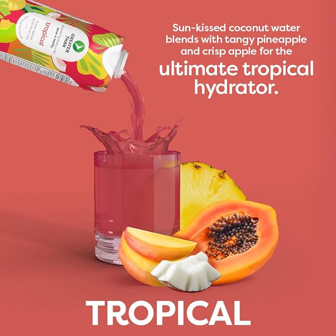 Greater Than Nutrient Hydration Beverage, Electrolyte Drink for Gut Health & Energy with Coconut Water, Vitamins, Gluten Free, Plant Based, Low Sugar, Tropical, 24 Pack