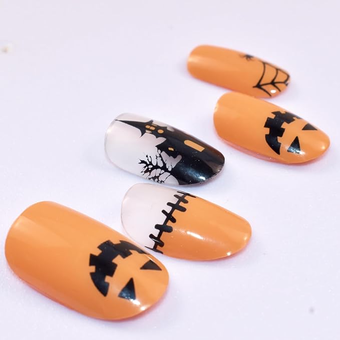 Semi Cured Gel Nail Strips Orange Gel Nails Sticker 22pcs Halloween Spider Nail Wraps for Home Nails DIY