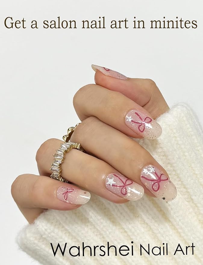 Semi Cured Gel Nail Strips, Bowknot, Glitter, Easy to Use and Remove, 20pcs Gel Nails Sticker for Home Nails DIY