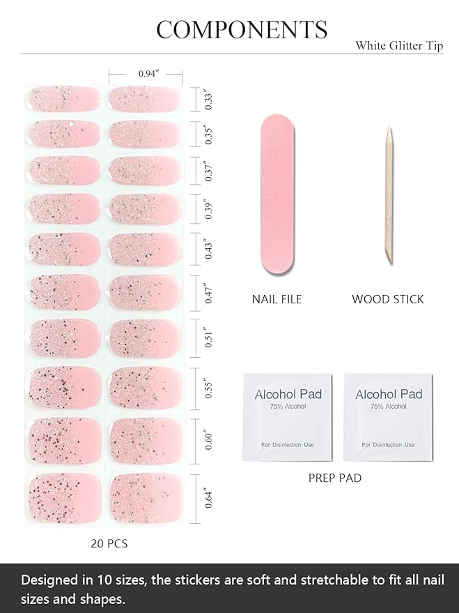 Semi Cured Gel Nail Strips (White Glitter Tip), 20 Pcs Pink Gel Nail Wraps, Stickers, UV Light Required, Salon Quality, Long Lasting