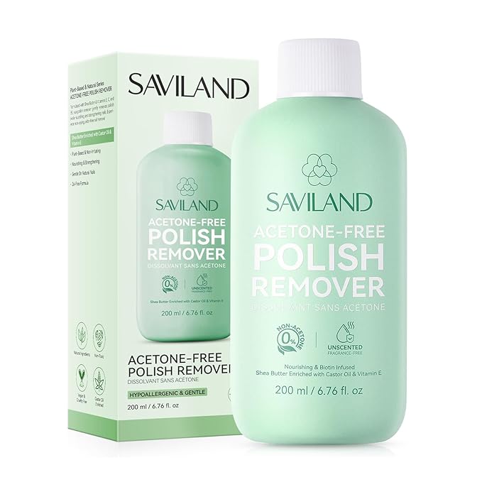 SAVILAND Plant-Based & Natural Nail Polish Remover: Non Acetone Nail Polish Remover Gentle Non Toxic Fingernail Removal with Shea Butter Castor Oil Vitamin E for Nail Care Home 200 ML