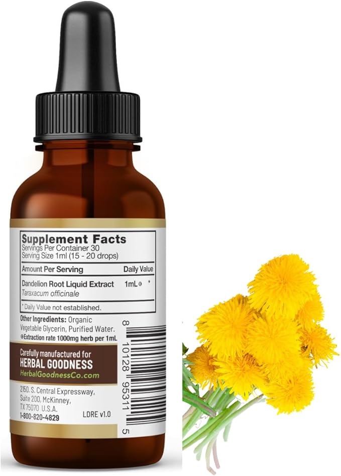 Herbal Goodness Dandelion Root Extract Liquid – Organic Herbal Supplement for Liver Health & Gut Support | Alcohol-Free Plant-Based Non-GMO, Vegan, Gluten Free Dandelion Root Tea Tincture 1 fl.oz