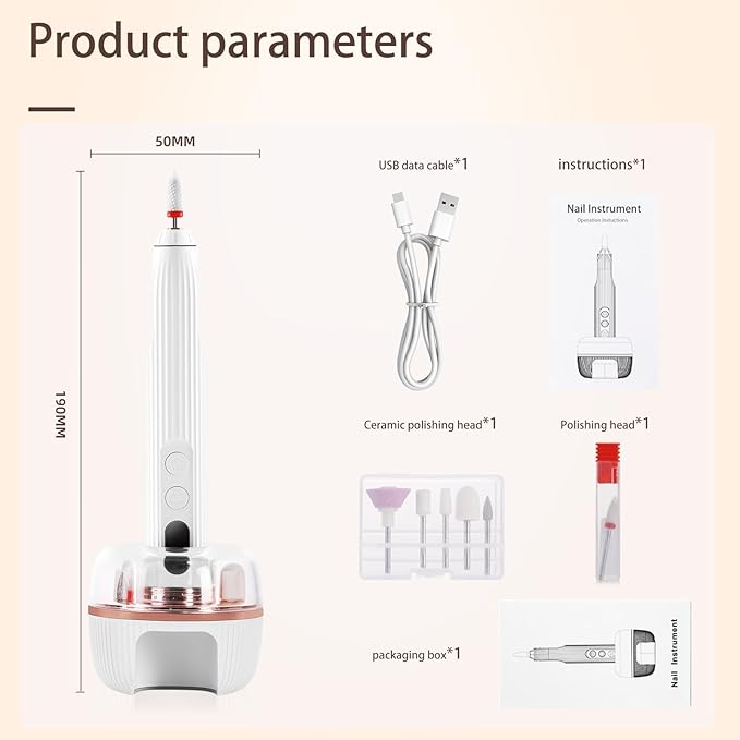 Portable Nail Drill Electric Nail File with UV LED Nail Lamp, 12 Drills and Rechargeable Base, 5 Speeds Hand Foot Care Tool for Grind Trim Polish