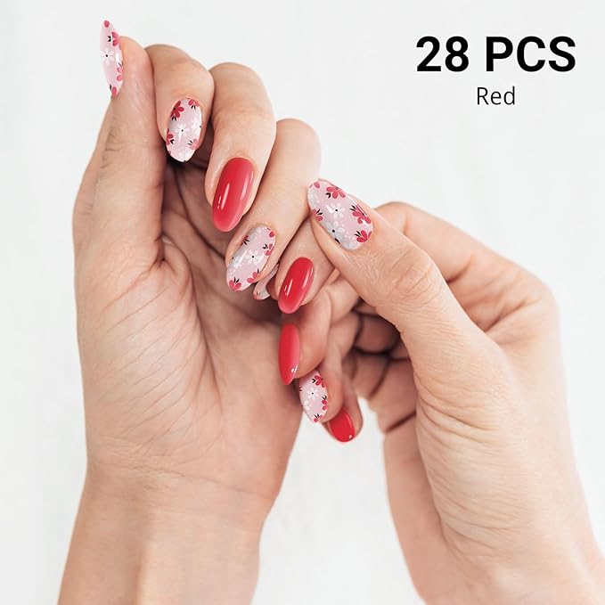Semi Cured Gel Nail Strips, Red | 28 pcs Gel Nail Strips Work with Any UV Lamp, Salon Quality UV Nails Stickers, Easy to Apply for Home Nails DIY
