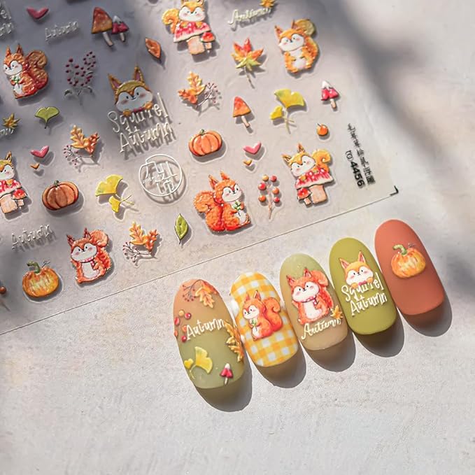 Maple Leaf Nail Stickers Fall Fox Nail Art Decals 5D Embossed Self Adhesive Autumn Leaf Pumpkin Mushroom Nuts Nails Decals for Nail Art Thanksgiving Day Nail Design for Women DIY Manicure Accessories