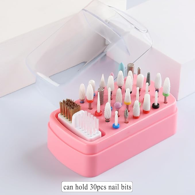 2 in 1 Pink Nail Drill Bit Holder and Nail Drill Bits Cleaner Brush Case, 30 Holes Dust-proof Nail Bit Holder Organizer Display Storage Box, Nail Bit Cleaning Case Manicure Container Tool