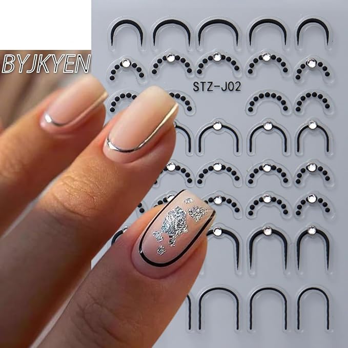 French Tip Nail Stickers for Nail Art 6 Sheets Crystal Diamond Nail Design Decals 3D Self-Adhesive Black Gold Silver French Line Nail Art Stickers Nail Tips Sticker Manicure DIY Decoration for Women