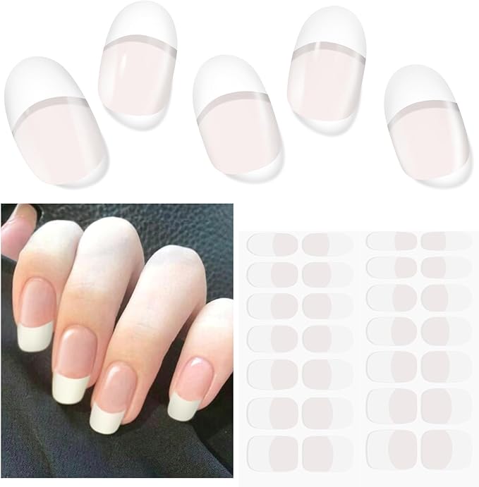 Semi Cured Gel Nail Strips, 28 pcs French Tip Gel Nail Stickers for Women Work with Any UV Lamp, UV Nails Stickers for Home DIY Nails Art (French)