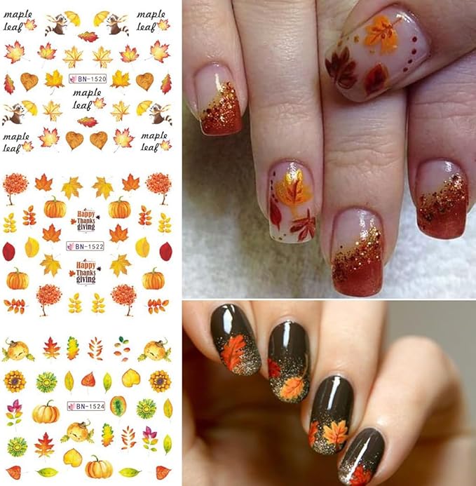 12 Sheets Fall Maple Leaf Nail Art Stickers Autumn Water Transfer Nail Decals Thanksgiving Day Nail Art Supplies Turkey Pumpkin Leaves Scarecrow Nail Design Slider Stickers for Women Nail Decorations