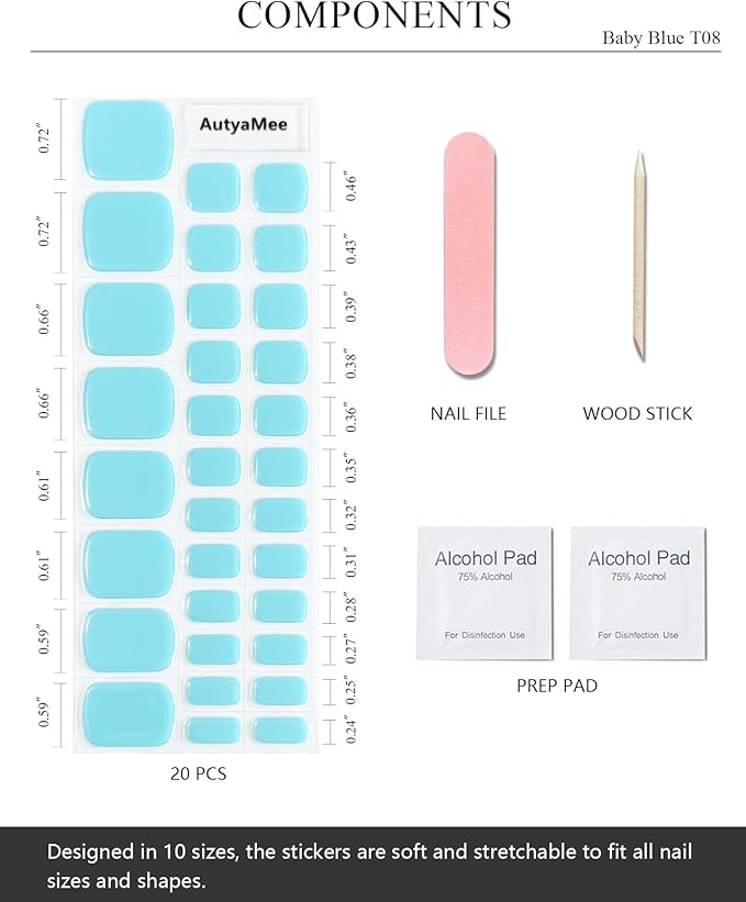Semi Cured Gel Toenail Strips (Baby Blue T08), 32 Pcs Gel Pedi Stickers, Wraps, UV Light Required, Salon Quality, Long Lasting
