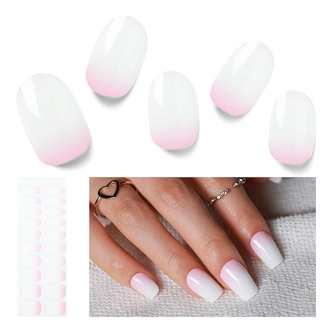 Semi Cured Gel Nail Strips, 20 PCS Gel Nail Stickers Work with UV Light, Salon Quality & Easy to Use - Gradient Pink