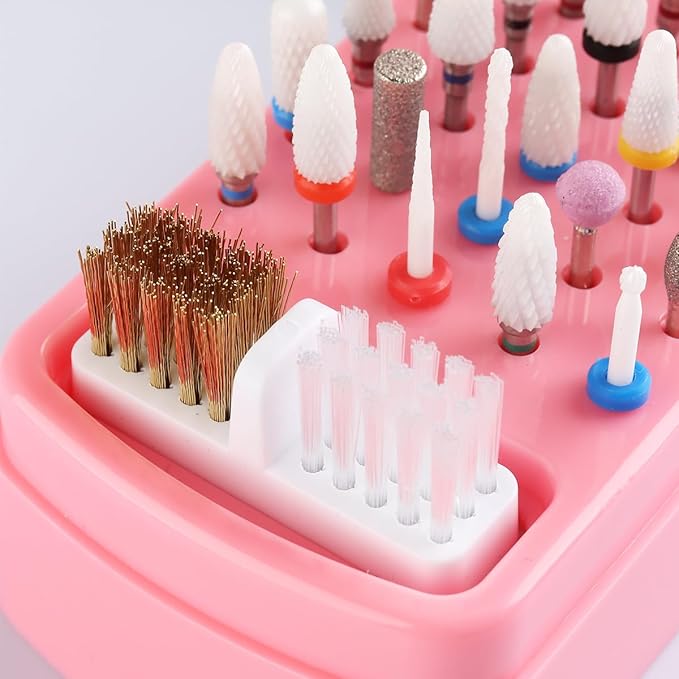2 in 1 Pink Nail Drill Bit Holder and Nail Drill Bits Cleaner Brush Case, 30 Holes Dust-proof Nail Bit Holder Organizer Display Storage Box, Nail Bit Cleaning Case Manicure Container Tool