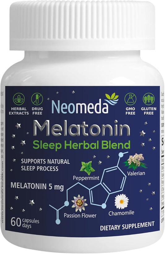 Melatonin Sleep Herbal Blend - Natural Sleep Support for Restful Nights with Melatonin 5mg & Calming Herbs - Drug-Free Dietary Supplement, 60 Capsules, 60-Day Supply
