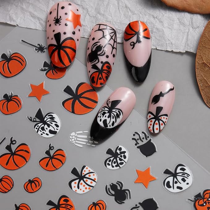 8Sheets Halloween Nail Art Stickers Cute Ghost Pumpkin 3D Self-Adhesive Nail Decals Spider Web Blood Flame Designs Nail Decorations Fall Thanksgiving Nail Supplies for Women DIY Manicure Art