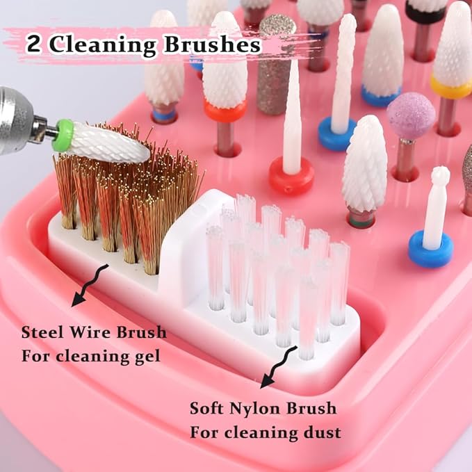 2 in 1 Nail Drill Bits Holder with Cleaning Brush, 30 Holes Dustproof Stand Display Organizer Storage Box , Cleaning Tungsten Carbide Ceramic Nail Drill Bits Cuticle Manicure Tools