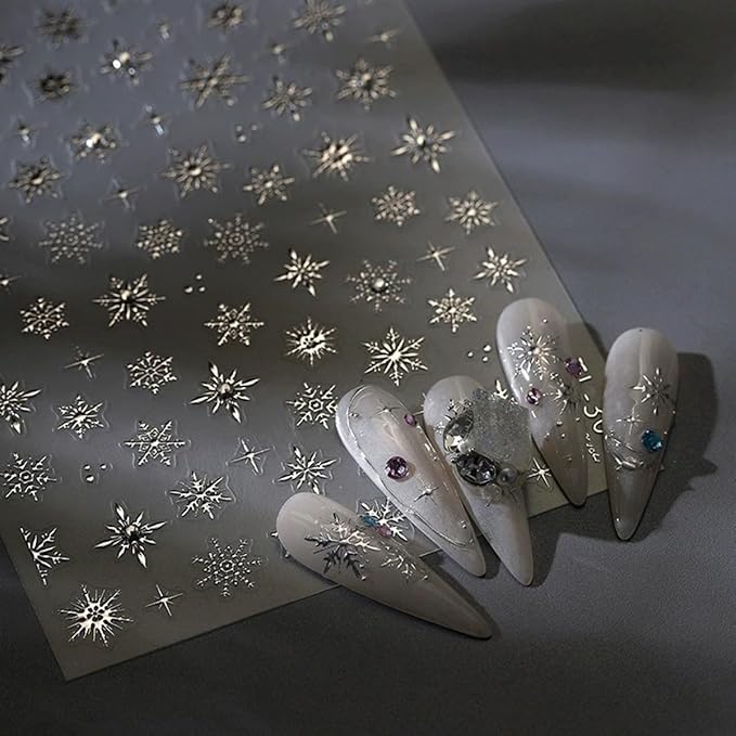 Snowflake Nail Art Stickers Decals 5D Embossed Christmas Snowflake Nail Stickers with Rhinestone 1PCS Silver Winter Snowflakes Self-Adhesive Nail Decals Xmas Nail Art Decoration Supplies for Women