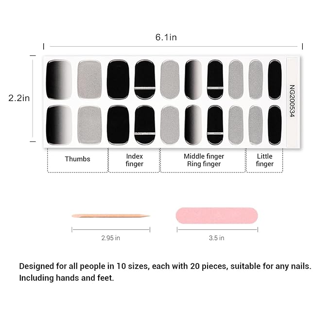 Semi Cured Gel Nail Strips, 20pcs Phantom Black Grey Gel Nail Stickers - Works with Any UV Lamps, Long Lasting Full Wraps, Easy to Apply and Remove