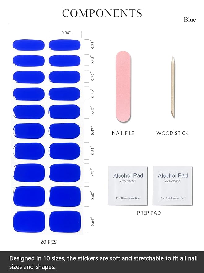 Semi Cured Gel Nail Strips (Blue), 20 Pcs Gel Nail Wraps, Stickers, UV Light Required, Salon Quality, Long Lasting