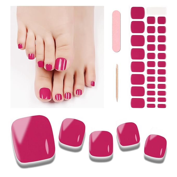 Semi Cured Gel Toenail Strips, 32 Rose Red Gel Toenail Stickers - Works with Any UV Lamps Pedicure Strips Full Nail Wraps with Nail File & Wood Stick