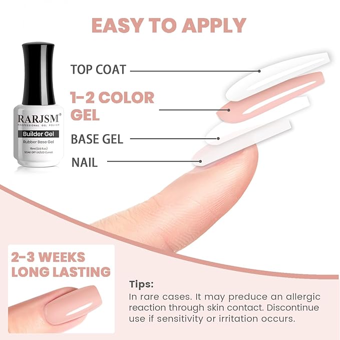 RARJSM Rubber Base Coat Gel Polish Nude Pale Soft Pink Skin Tone Rubber Base Gel for Nails Natural Color French Manicure Extend Gel Soak Off Curing Requires Single Bottle 15ml Salon Home DIY Use
