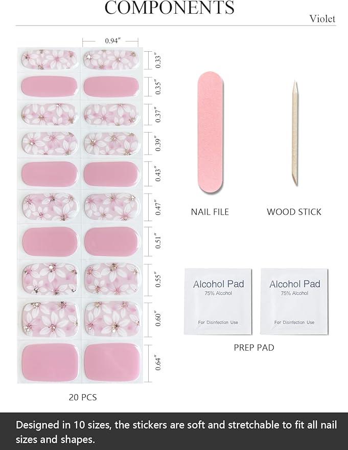 Semi Cured Gel Nail Strips (Violet), Purple Pink, 20 Pcs Gel Nail Wraps, Stickers, UV Light Required, Salon Quality, Long Lasting