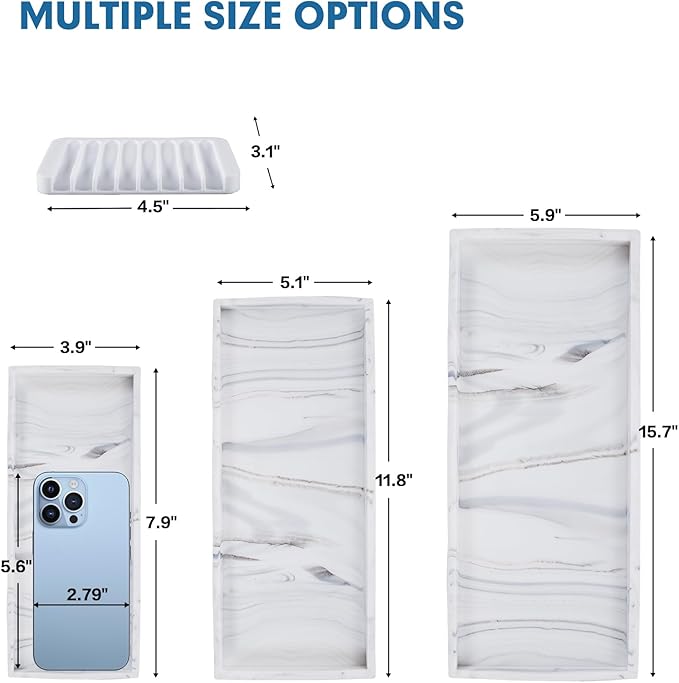 Bloss Small Bathroom Vanity Tray with Soap Dish, 8 x 4 inch Silicone Marble Tray for Kitchen Counter,Toilet Tank Storage,Perfume Trays for Dresser, Jewelry, Candle, Key