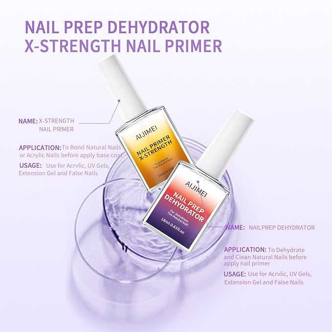 AIJIMEI 18ml Nail Prep Dehydrator And Nail Primer X-Strength Set For Acrylic Nail Products Nail Primer And Dehydrator Nail Bonding Nails（18ml/0.63fl.oz）
