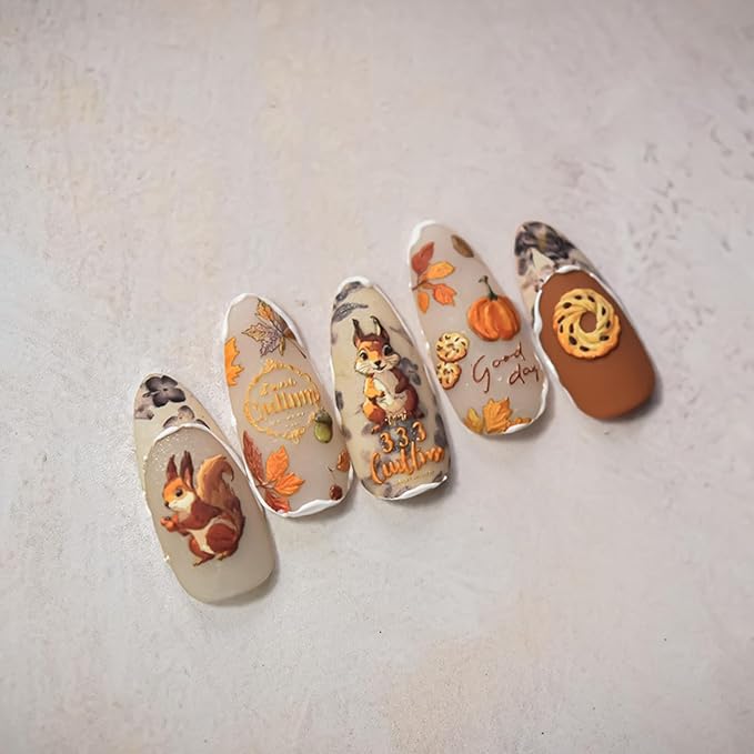 Fall Nail Art Stickers 5D Embossed Autumn Nail Decals Squirrel Nail Stickers Maple Leaf Pumpkin Nail Art Supplies Fallen Leaves Pine Cones Nails Slider for Women Thanksgiving Day Manicure Decoration