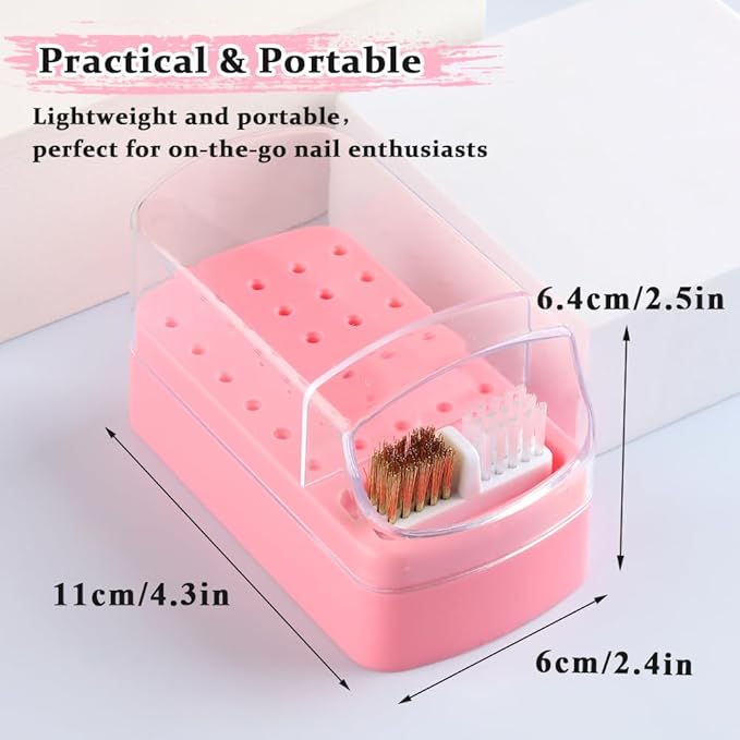 2 in 1 Nail Drill Bits Holder with Cleaning Brush, 30 Holes Dustproof Stand Display Organizer Storage Box , Cleaning Tungsten Carbide Ceramic Nail Drill Bits Cuticle Manicure Tools