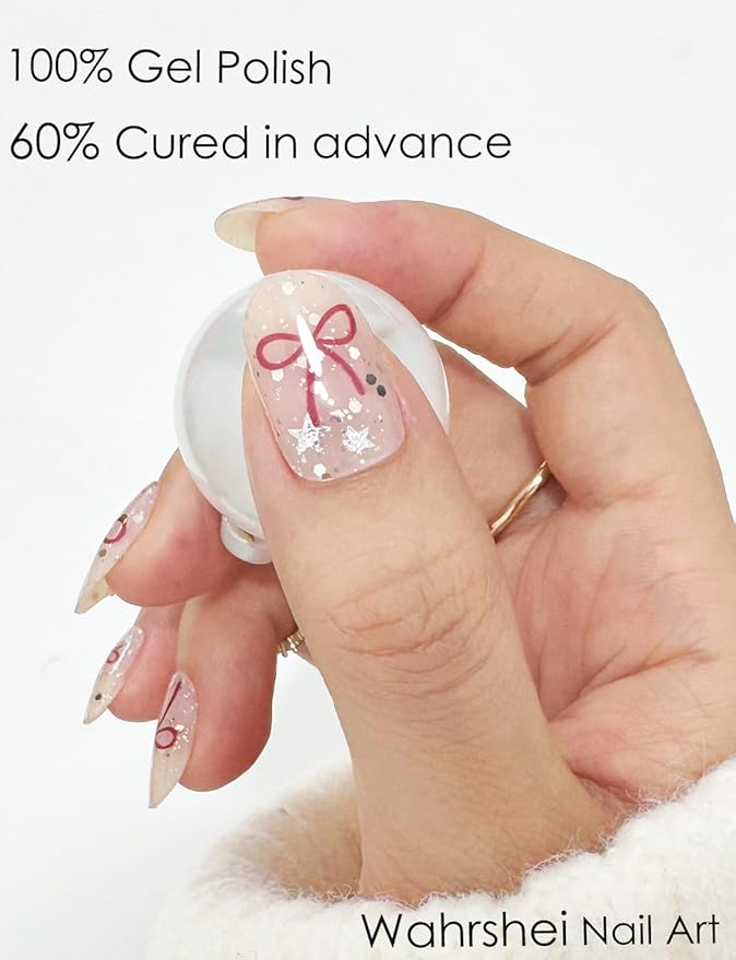 Semi Cured Gel Nail Strips, Bowknot, Glitter, Easy to Use and Remove, 20pcs Gel Nails Sticker for Home Nails DIY
