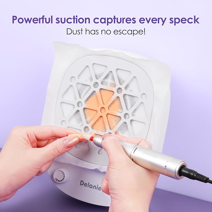 Delanie Professional Nail Dust Collector Cordless with 50pcs Filter Pads, Portable Dust Collector for Nail Tech 6000 RPM, Rechargeable Compact Nail Fan Dust Collector with 10 Speed Settings & Display