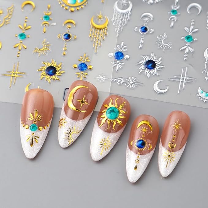Boho Sun Moon Nail Art Stickers, Star Nail Art Decals 3D Self-Adhesive Gold Silver Sun Moon Nails Stickers Glitter Nail Design 4Pcs Nail Art Supplies for Women and Girls Manicure DIY Decoration