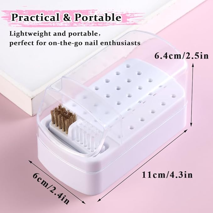 2 in 1 Nail Drill Bits Holder and Nail Drill Bits Cleaner Brush Case, 30 Holes Dustproof Stand Display Organizer Container with Steel Wire & Nylon Double Brush Manicure Drill Clean Tools